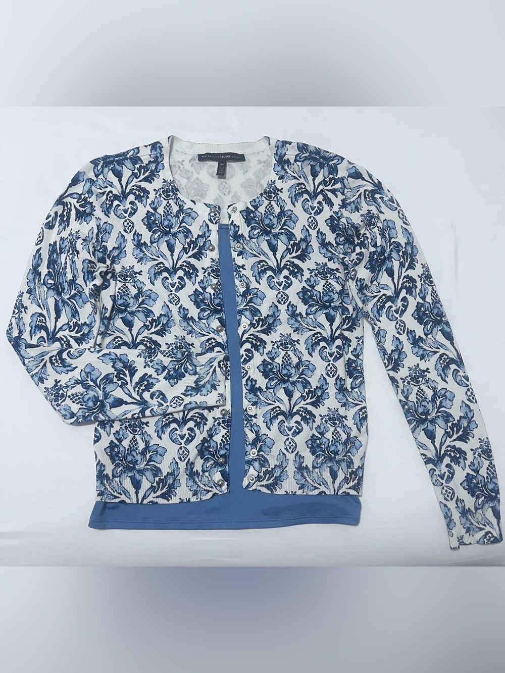 White House Black Market Navy & White Floral Cardigan Set